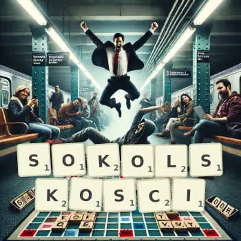 Kreatywna ilustracja do gry w Scrabble ze słowem SOKOLSKOSCI ułożonym z płytek na planszy.