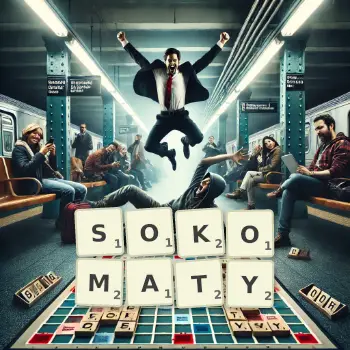 Kreatywna ilustracja do gry w Scrabble ze słowem SOKOMATY ułożonym z płytek na planszy.