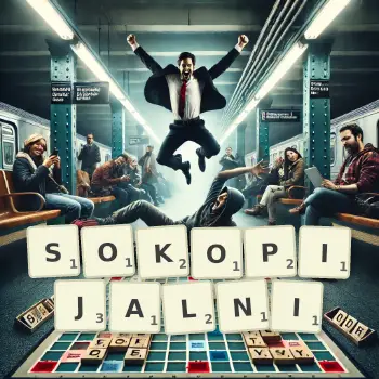 Kreatywna ilustracja do gry w Scrabble ze słowem SOKOPIJALNI ułożonym z płytek na planszy.