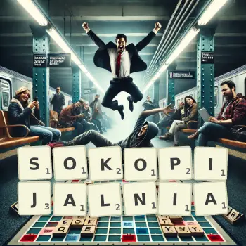 Kreatywna ilustracja do gry w Scrabble ze słowem SOKOPIJALNIA ułożonym z płytek na planszy.