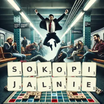 Kreatywna ilustracja do gry w Scrabble ze słowem SOKOPIJALNIE ułożonym z płytek na planszy.