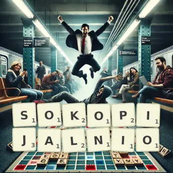 Kreatywna ilustracja do gry w Scrabble ze słowem SOKOPIJALNIO ułożonym z płytek na planszy.