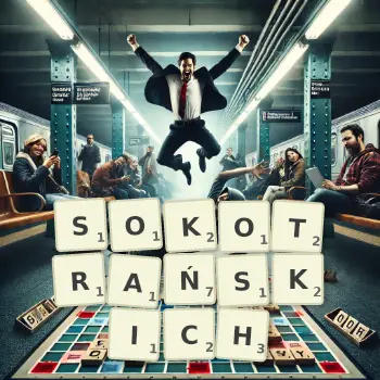 Kreatywna ilustracja do gry w Scrabble ze słowem SOKOTRAŃSKICH ułożonym z płytek na planszy.