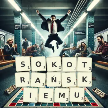Kreatywna ilustracja do gry w Scrabble ze słowem SOKOTRAŃSKIEMU ułożonym z płytek na planszy.