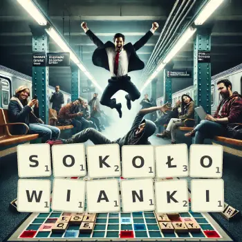 Kreatywna ilustracja do gry w Scrabble ze słowem SOKOŁOWIANKI ułożonym z płytek na planszy.