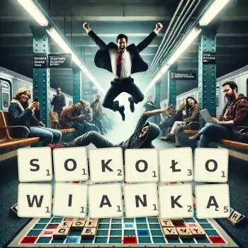 Kreatywna ilustracja do gry w Scrabble ze słowem SOKOŁOWIANKĄ ułożonym z płytek na planszy.