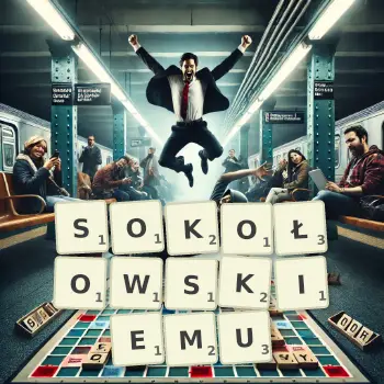 Kreatywna ilustracja do gry w Scrabble ze słowem SOKOŁOWSKIEMU ułożonym z płytek na planszy.