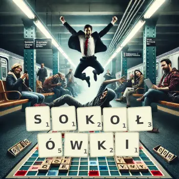Kreatywna ilustracja do gry w Scrabble ze słowem SOKOŁÓWKI ułożonym z płytek na planszy.