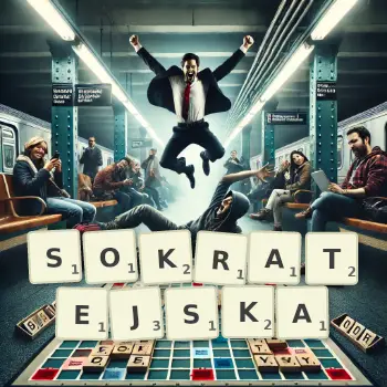 Kreatywna ilustracja do gry w Scrabble ze słowem SOKRATEJSKA ułożonym z płytek na planszy.