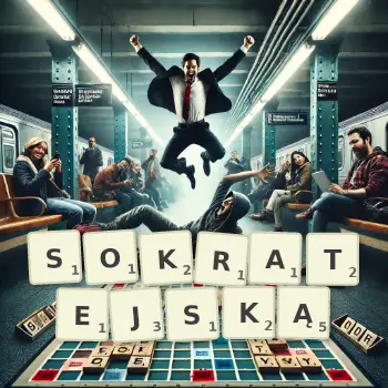 Kreatywna ilustracja do gry w Scrabble ze słowem SOKRATEJSKĄ ułożonym z płytek na planszy.