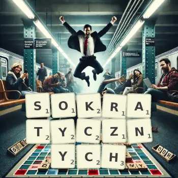 Kreatywna ilustracja do gry w Scrabble ze słowem SOKRATYCZNYCH ułożonym z płytek na planszy.