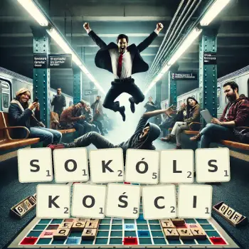 Kreatywna ilustracja do gry w Scrabble ze słowem SOKÓLSKOŚCI ułożonym z płytek na planszy.