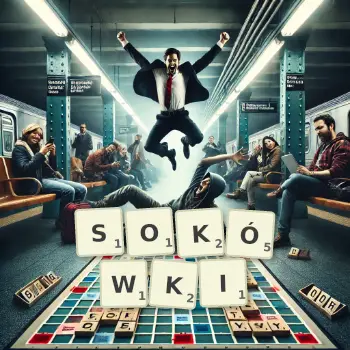 Kreatywna ilustracja do gry w Scrabble ze słowem SOKÓWKI ułożonym z płytek na planszy.