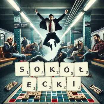 Kreatywna ilustracja do gry w Scrabble ze słowem SOKÓŁECKI ułożonym z płytek na planszy.