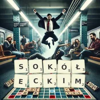 Kreatywna ilustracja do gry w Scrabble ze słowem SOKÓŁECKIM ułożonym z płytek na planszy.