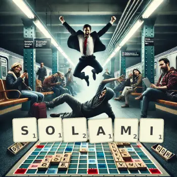 Kreatywna ilustracja do gry w Scrabble ze słowem SOLAMI ułożonym z płytek na planszy.