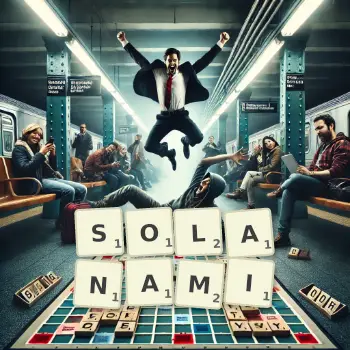 Kreatywna ilustracja do gry w Scrabble ze słowem SOLANAMI ułożonym z płytek na planszy.