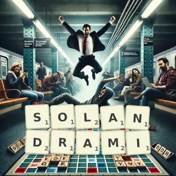 Kreatywna ilustracja do gry w Scrabble ze słowem SOLANDRAMI ułożonym z płytek na planszy.