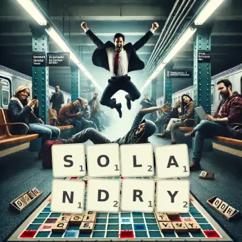 Kreatywna ilustracja do gry w Scrabble ze słowem SOLANDRY ułożonym z płytek na planszy.