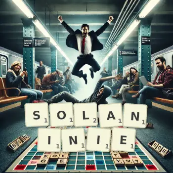 Kreatywna ilustracja do gry w Scrabble ze słowem SOLANINIE ułożonym z płytek na planszy.