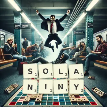 Kreatywna ilustracja do gry w Scrabble ze słowem SOLANINY ułożonym z płytek na planszy.