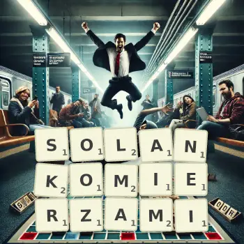 Kreatywna ilustracja do gry w Scrabble ze słowem SOLANKOMIERZAMI ułożonym z płytek na planszy.