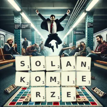 Kreatywna ilustracja do gry w Scrabble ze słowem SOLANKOMIERZE ułożonym z płytek na planszy.
