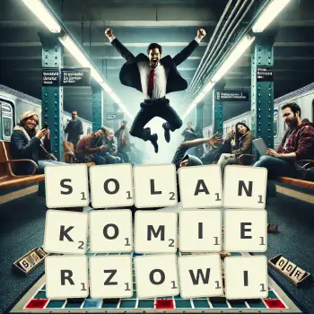 Kreatywna ilustracja do gry w Scrabble ze słowem SOLANKOMIERZOWI ułożonym z płytek na planszy.