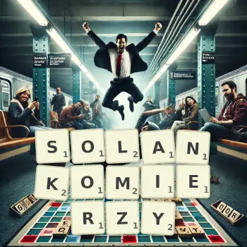 Kreatywna ilustracja do gry w Scrabble ze słowem SOLANKOMIERZY ułożonym z płytek na planszy.