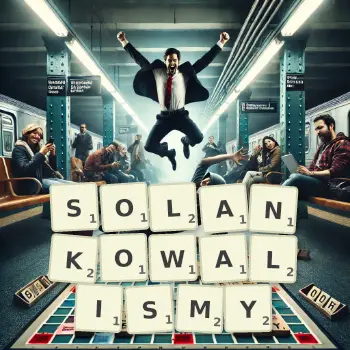 Kreatywna ilustracja do gry w Scrabble ze słowem SOLANKOWALISMY ułożonym z płytek na planszy.
