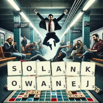 Kreatywna ilustracja do gry w Scrabble ze słowem SOLANKOWANEJ ułożonym z płytek na planszy.