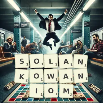 Kreatywna ilustracja do gry w Scrabble ze słowem SOLANKOWANIOM ułożonym z płytek na planszy.