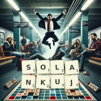 Kreatywna ilustracja do gry w Scrabble ze słowem SOLANKUJ ułożonym z płytek na planszy.