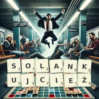 Kreatywna ilustracja do gry w Scrabble ze słowem SOLANKUJCIEŻ ułożonym z płytek na planszy.
