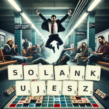 Kreatywna ilustracja do gry w Scrabble ze słowem SOLANKUJESZ ułożonym z płytek na planszy.