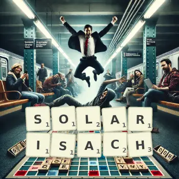 Kreatywna ilustracja do gry w Scrabble ze słowem SOLARISACH ułożonym z płytek na planszy.