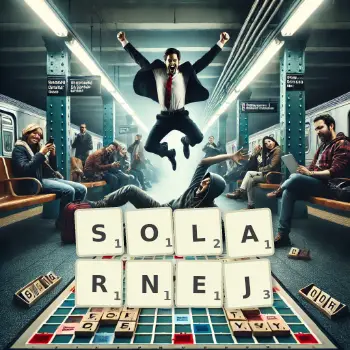 Kreatywna ilustracja do gry w Scrabble ze słowem SOLARNEJ ułożonym z płytek na planszy.