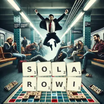 Kreatywna ilustracja do gry w Scrabble ze słowem SOLAROWI ułożonym z płytek na planszy.