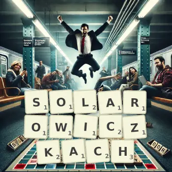 Kreatywna ilustracja do gry w Scrabble ze słowem SOLAROWICZKACH ułożonym z płytek na planszy.