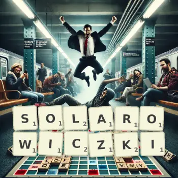 Kreatywna ilustracja do gry w Scrabble ze słowem SOLAROWICZKI ułożonym z płytek na planszy.