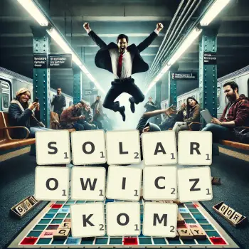 Kreatywna ilustracja do gry w Scrabble ze słowem SOLAROWICZKOM ułożonym z płytek na planszy.