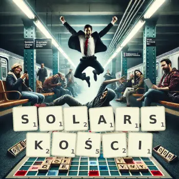 Kreatywna ilustracja do gry w Scrabble ze słowem SOLARSKOŚCI ułożonym z płytek na planszy.