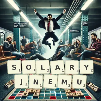 Kreatywna ilustracja do gry w Scrabble ze słowem SOLARYJNEMU ułożonym z płytek na planszy.