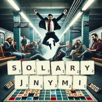 Kreatywna ilustracja do gry w Scrabble ze słowem SOLARYJNYMI ułożonym z płytek na planszy.