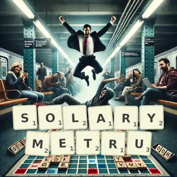 Kreatywna ilustracja do gry w Scrabble ze słowem SOLARYMETRU ułożonym z płytek na planszy.