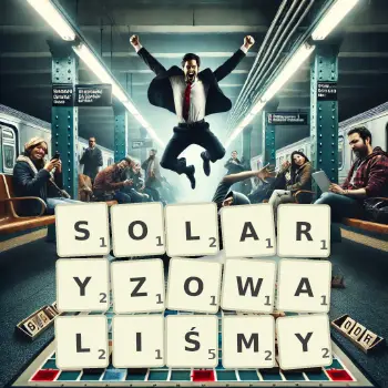 Kreatywna ilustracja do gry w Scrabble ze słowem SOLARYZOWALIŚMY ułożonym z płytek na planszy.