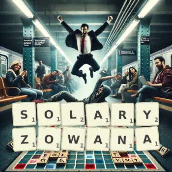 Kreatywna ilustracja do gry w Scrabble ze słowem SOLARYZOWANA ułożonym z płytek na planszy.