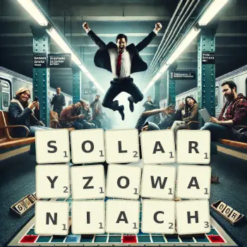 Kreatywna ilustracja do gry w Scrabble ze słowem SOLARYZOWANIACH ułożonym z płytek na planszy.