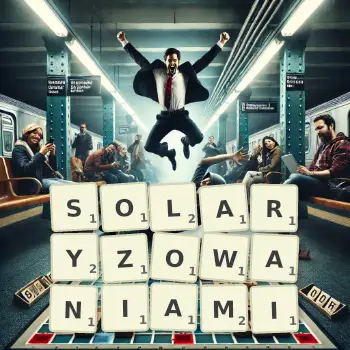 Kreatywna ilustracja do gry w Scrabble ze słowem SOLARYZOWANIAMI ułożonym z płytek na planszy.