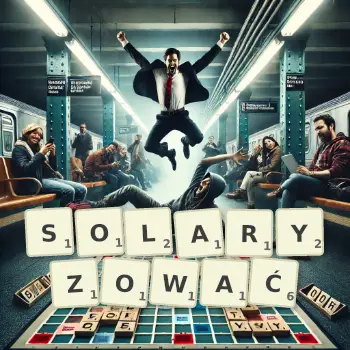 Kreatywna ilustracja do gry w Scrabble ze słowem SOLARYZOWAĆ ułożonym z płytek na planszy.